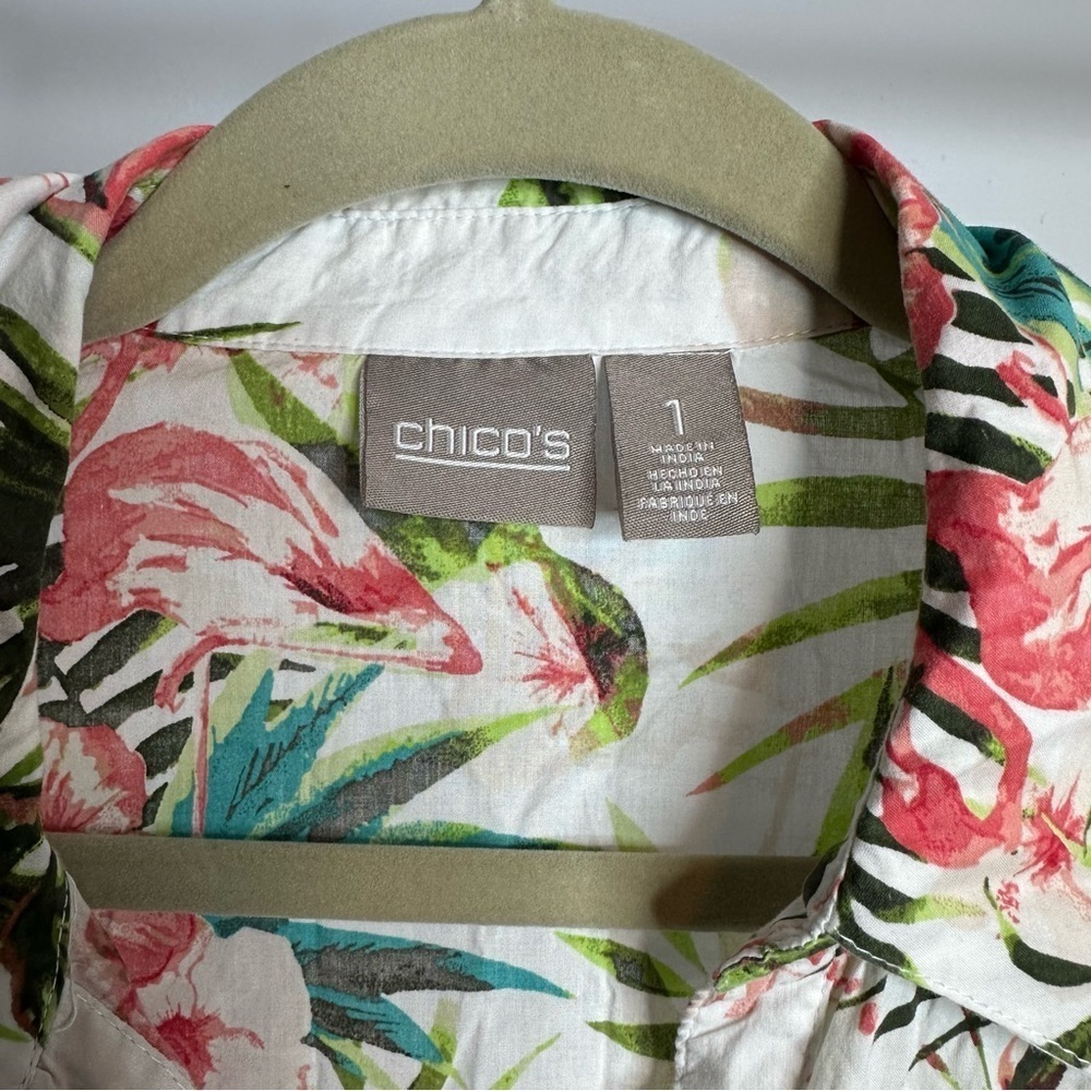 Chicos Sz 1 MEDIUM 6/8 Tropical Beach Flamingo Blouse Shirt Top Summer Cute - Picture 5 of 12
